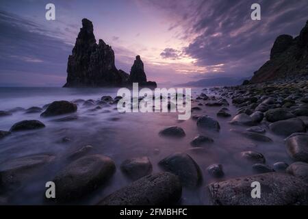 Eine Felsennadel auf Madeira bei Sonnenaufgang namens Ribeira da Janela. Stockfoto