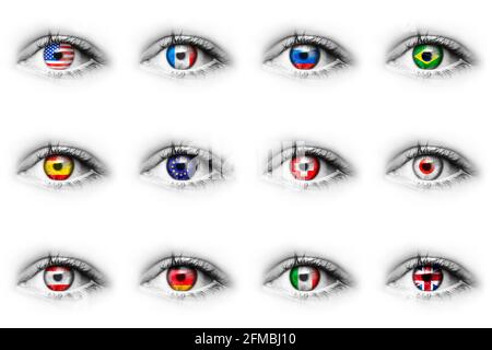 Auge mit verschiedenen Nationalflaggen in der Iris Stockfoto