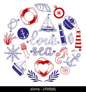 Nautischer Doodle in roten und blauen Farben mit Schriftzug LOVE SEA. Kreis mit Illustrationen zum Thema Meer. Stock Vektor