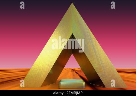 Ein abstraktes 3d-Rendering eines Hintergrundbildes in Form eines goldenen Dreiecks. Stockfoto