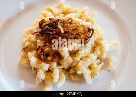 Tiroler Chees Nudeln oder Kaesespätzle mit gebratenen Zwiebeln auf einem weißen Teller, ein typisches und traditionelles österreichisches Gericht Stockfoto