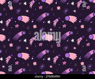Nahtloses kindisches Kosmosmuster mit Sternen, Kometen und einem Sternenhimmel auf dunkelviolettem Hintergrund. Vektor-Textur des Universums in lila und rosa Farben. V Stock Vektor