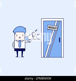 Geschäftsmann schreit durch das Megaphon vor dem Managerzimmer. Cartoon-Figur dünne Linie Stil Vektor. Stock Vektor