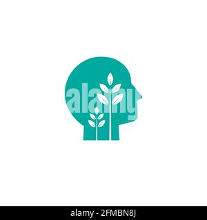 Silhouette des menschlichen Kopfes mit Blättern. Blauer Avatar mit Bäumen. Ökologisches Denken – Piktogramm. Umweltfreundlich. Grünes Konzept. Isoliert auf Weiß. Vektorfl Stock Vektor