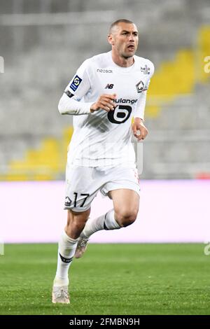 Burak Yilmaz, der türkische Stürmer von Lille, feiert am 7. Mai 2021 ein Tor beim Fußballspiel der französischen Ligue 1 zwischen Lens (RCL) und Lille (LOSC) in Lens, Frankreich. Foto von Julie Sebadelha/ABACAPRESS.COM Stockfoto