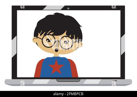 Cartoon asiatische junge auf Laptop-Bildschirm, Online-Chat, Abstand Technologie Konzept. Stock Vektor