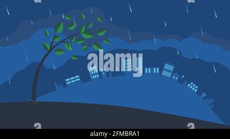 Cartoon-Baum im Sturm und ferne Stadt, windiges Wetter. Stock Vektor