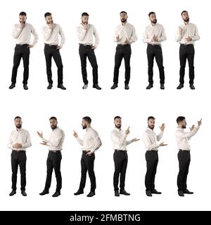 Set von Business-Mann denken, mit Idee und präsentieren und zeigen leeren Raum. Ganzkörper isoliert auf weißem Hintergrund. Stockfoto