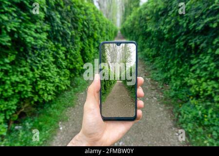 Hand mit einem Smartphone-Bild auf dem Hintergrund der Natur, Grün und die Straße im Park. Fotografie, Internet und Vernetzung im Reisekonzept. Hochwertige Fotos Stockfoto