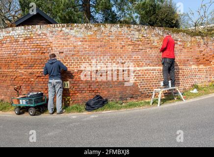 Zwei Männer, die auf die alte rote Backsteinmauer verweisen, Orford, Suffolk, England, Großbritannien Stockfoto