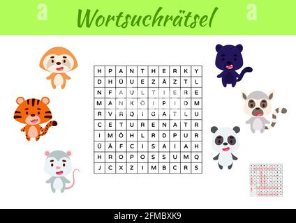 Wortsuchrätsel - Wortsuche Puzzle. Kinder Aktivität Arbeitsblatt bunt druckbare Version. Lernspiel für deutsche Wörter zu studieren. Enthält Antworten. Ve Stock Vektor