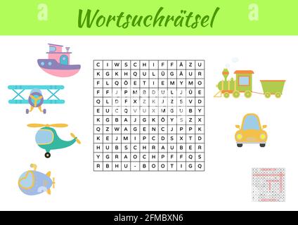 Wortsuchrätsel - Wortsuche Puzzle. Kinder Aktivität Arbeitsblatt bunt druckbare Version. Lernspiel für deutsche Wörter zu studieren. Enthält Antworten. Ve Stock Vektor