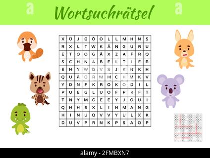 Wortsuchrätsel - Wortsuche Puzzle. Kinder Aktivität Arbeitsblatt bunt druckbare Version. Lernspiel für deutsche Wörter zu studieren. Enthält Antworten. Ve Stock Vektor