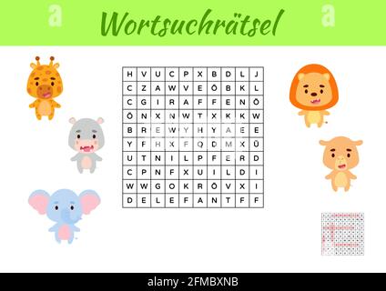 Wortsuchrätsel - Wortsuche Puzzle. Kinder Aktivität Arbeitsblatt bunt druckbare Version. Lernspiel für deutsche Wörter zu studieren. Enthält Antworten. Ve Stock Vektor