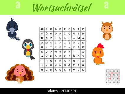 Wortsuchrätsel - Wortsuche Puzzle. Kinder Aktivität Arbeitsblatt bunt druckbare Version. Lernspiel für deutsche Wörter zu studieren. Enthält Antworten. Ve Stock Vektor