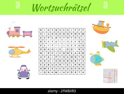 Wortsuchrätsel - Wortsuche Puzzle. Kinder Aktivität Arbeitsblatt bunt druckbare Version. Lernspiel für deutsche Wörter zu studieren. Enthält Antworten. Ve Stock Vektor