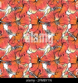 Nahtloses Muster mit roten Hibiskusblüten, Knospen und Blättern, mit dunkler Kontur Stock Vektor