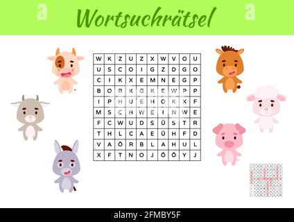 Wortsuchrätsel - Wortsuche Puzzle. Kinder Aktivität Arbeitsblatt bunt druckbare Version. Lernspiel für deutsche Wörter zu studieren. Enthält Antworten. Ve Stock Vektor