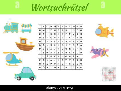 Wortsuchrätsel - Wortsuche Puzzle. Kinder Aktivität Arbeitsblatt bunt druckbare Version. Lernspiel für deutsche Wörter zu studieren. Enthält Antworten. Ve Stock Vektor