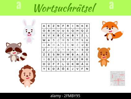 Wortsuchrätsel - Wortsuche Puzzle. Kinder Aktivität Arbeitsblatt bunt druckbare Version. Lernspiel für deutsche Wörter zu studieren. Enthält Antworten. Ve Stock Vektor