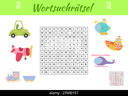Wortsuchrätsel - Wortsuche Puzzle. Kinder Aktivität Arbeitsblatt bunt druckbare Version. Lernspiel für deutsche Wörter zu studieren. Enthält Antworten. Ve Stock Vektor
