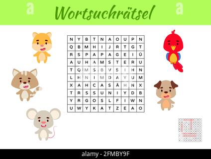 Wortsuchrätsel - Wortsuche Puzzle. Kinder Aktivität Arbeitsblatt bunt druckbare Version. Lernspiel für deutsche Wörter zu studieren. Enthält Antworten. Ve Stock Vektor