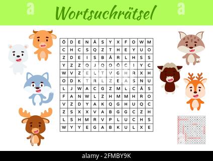 Wortsuchrätsel - Wortsuche Puzzle. Kinder Aktivität Arbeitsblatt bunt druckbare Version. Lernspiel für deutsche Wörter zu studieren. Enthält Antworten. Ve Stock Vektor