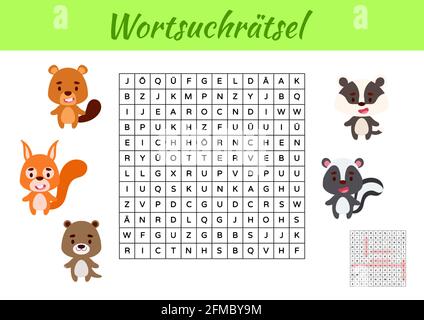 Wortsuchrätsel - Wortsuche Puzzle. Kinder Aktivität Arbeitsblatt bunt druckbare Version. Lernspiel für deutsche Wörter zu studieren. Enthält Antworten. Ve Stock Vektor