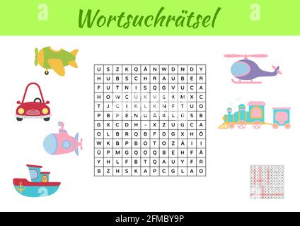 Wortsuchrätsel - Wortsuche Puzzle. Kinder Aktivität Arbeitsblatt bunt druckbare Version. Lernspiel für deutsche Wörter zu studieren. Enthält Antworten. Ve Stock Vektor