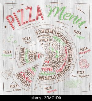 Pizza-Menü die Namen der Gerichte von Pizza, Hawaiian, Käse, Huhn, Pepperoni und andere Zutaten Tomaten, Basilikum, Oliven, Käse, um ein Menü Stil zu entwerfen Stock Vektor