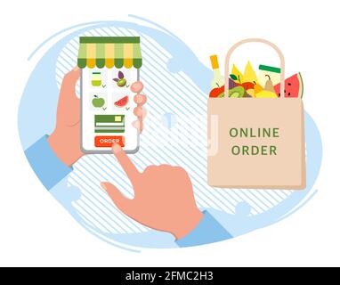 Vektor-Illustration Online-Lebensmittelgeschäft. Bestellung von Lebensmitteln in Anwendung auf dem Handy. Kontaktlose Lieferung von Produkten. Lebensmittelbeutel. Kurier. Bestellung am Stock Vektor