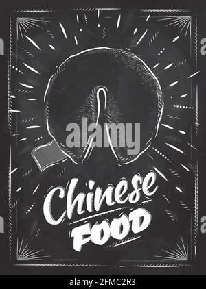 Poster chinesisches Essen im Retro-Stil Schriftzug Glücksplätzchen stilisiert Zeichnen mit Kreide auf Tafel Stock Vektor