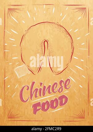 Poster chinesisches Essen im Retro-Stil Schriftzug Glücksplätzchen stilisiert Zeichnen in Kraft Stock Vektor