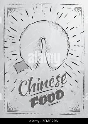 Poster chinesisches Essen im Retro-Stil Schriftzug Glücksplätzchen stilisiert Zeichnen mit Kohle auf Tafel Stock Vektor