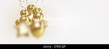 Feier horizontales Banner mit goldenen Ballons und Sternen auf weißem Hintergrund. Stock Vektor