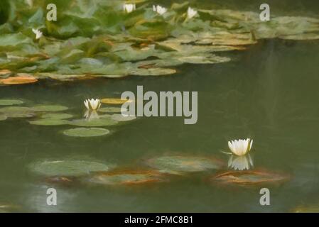 Digitale Malerei einer weißen Seerose zwischen grünen Seerosen auf einem Teich. Stockfoto