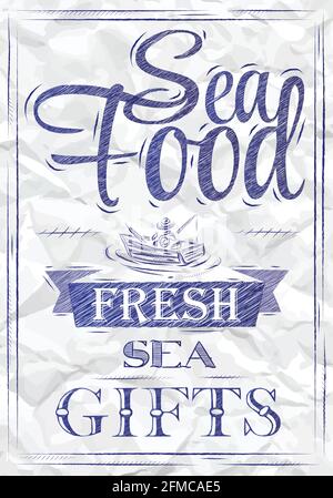 Poster Sea Food Fresh Sea Geschenke im Retro-Stil stilisierte Zeichnung eines blauen Kugelschreibers auf einem zerknitterten Papier. Stock Vektor