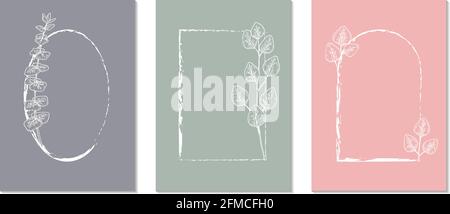 Set aus modernen Rahmen mit Eukalyptuszweig in Pastellfarben. Handgezeichnete Vektorgrafik Stock Vektor