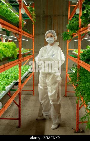 Porträt einer selbstbewussten Agronomin in Schutzanzug, Maske und Mütze, die mit gekreuzten Armen zwischen vertikalen Bauernregalen steht Stockfoto