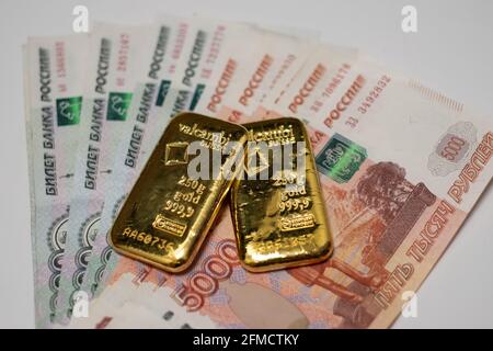 Das Gold unterstützte Finanzsystem Russlands. Russische Goldreserven. Dedollarisierung. Weltwährungssystem. Stockfoto