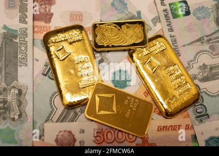 Das Gold unterstützte Finanzsystem Russlands. Russische Goldreserven. Dedollarisierung. Weltwährungssystem. Stockfoto