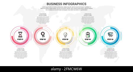 Vektor flache Infografik-Vorlage mit fünf Kreisen, Elementen, Sektoren. Modernes Design für Unternehmen, Präsentationen, Zeitleiste, Webdesign, Banner Stock Vektor