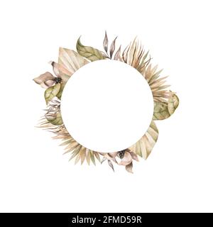 Hochzeit getrocknete Lunaria, Orchidee, Pampas Gras Blumenkranz. Exotische getrocknete Blumen, Palmblätter Boho Einladungskarte. Aquarell-Vorlagenrahmen, speichern Stockfoto