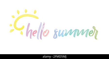 Hallo Sommer Textvektor. Vektor-Illustration: Handgezeichnete Schriftzug Komposition von Hello Summer mit Doodle Sun. Handgeschriebenes Kalligrafie-Design. Stock Vektor