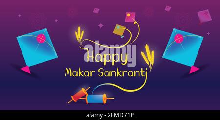 Happy Makar Sankranti Festival Grußkarte mit Drachen und dekorativen Elementen für Website und Social Media. Wunderschöne festliche Vektorgrafik. Stock Vektor