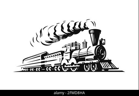 Bewegende Retro-Dampflokomotive. Vintage Zug Emblem oder Symbol Vektor Illustration Stock Vektor