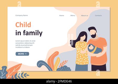 Kind in Vorlage für Landing Page der Familie. Schöner Mann und Schönheitsfrau hält neugeborenes Baby. Familienbanner im Hochformat. Liebespaar mit Kleinkind. Nette Eltern Stock Vektor