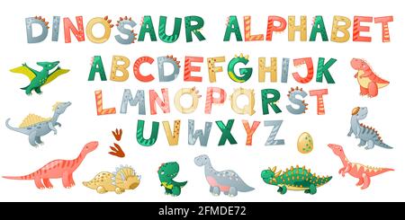 Cartoon niedlichen Dinosaurier Alphabet. Dino Schrift mit Buchstaben. Kinder Vektor-Illustration für T-Shirts, Karten, Poster, Geburtstagsfeiern, Papierdesign, Kinder- und Kinderzimmer-Design Stock Vektor