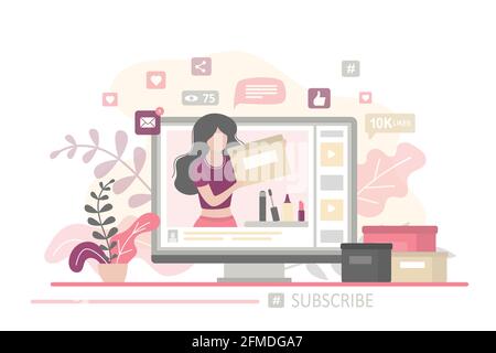 Social-Media-Seite auf dem Bildschirm. Fashion-Bloggerin, die Bewertungen für Einkäufe auf ihrem trendigen Kanal macht. Auspacken, neues Make-up und Kosmetik. Videokonte Stock Vektor