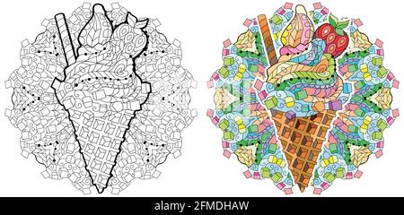 Eis mit Mandala. Florale, verzierte, dekorative, süße Dessertkomposition. Zentagle Bild Buch-Seite Eis Stock Vektor